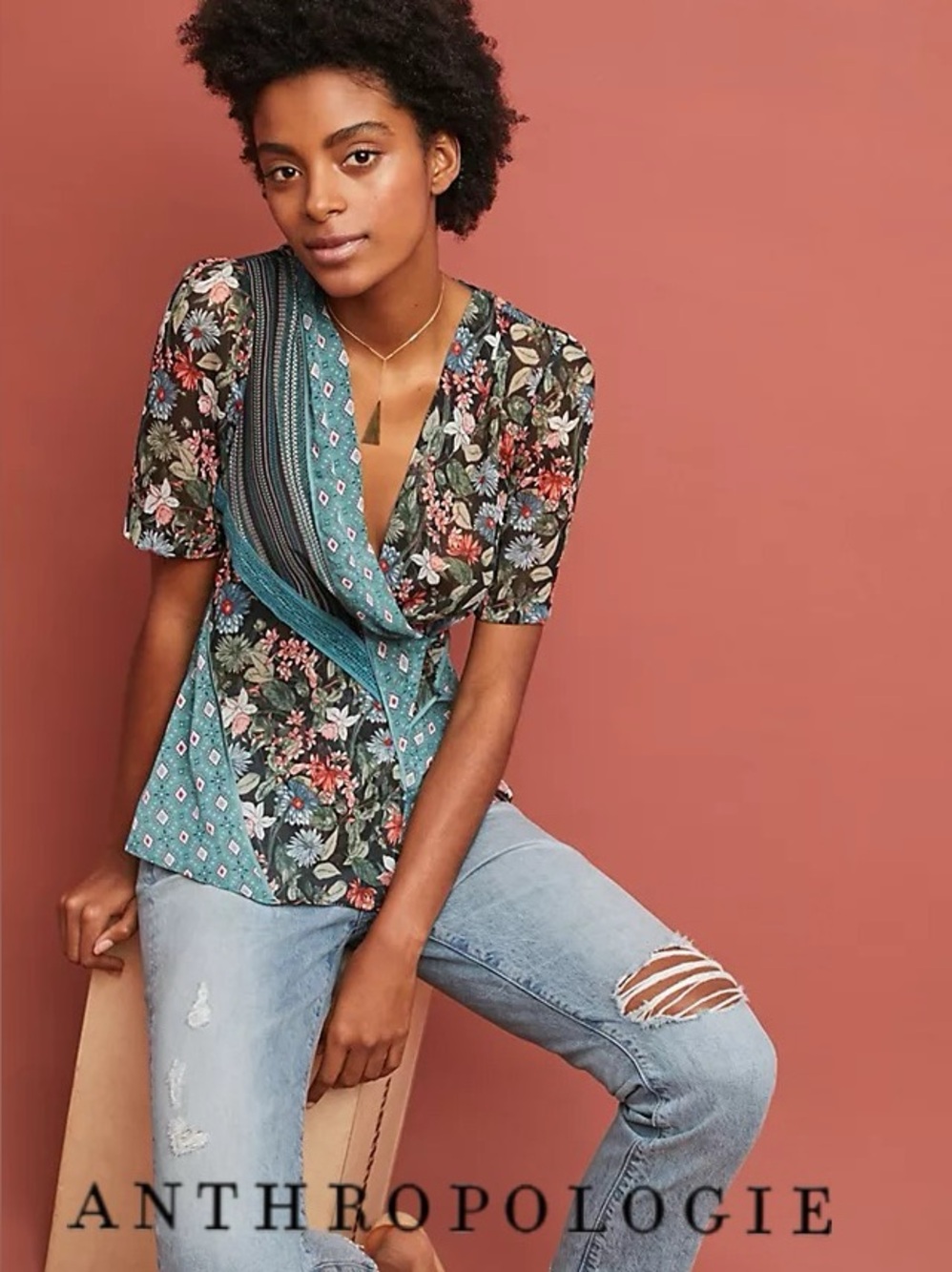 🧡🩵💕 Tiny for Anthropologie Lovely Patchwork Wrap Top Medium Boho Floral V-Neck